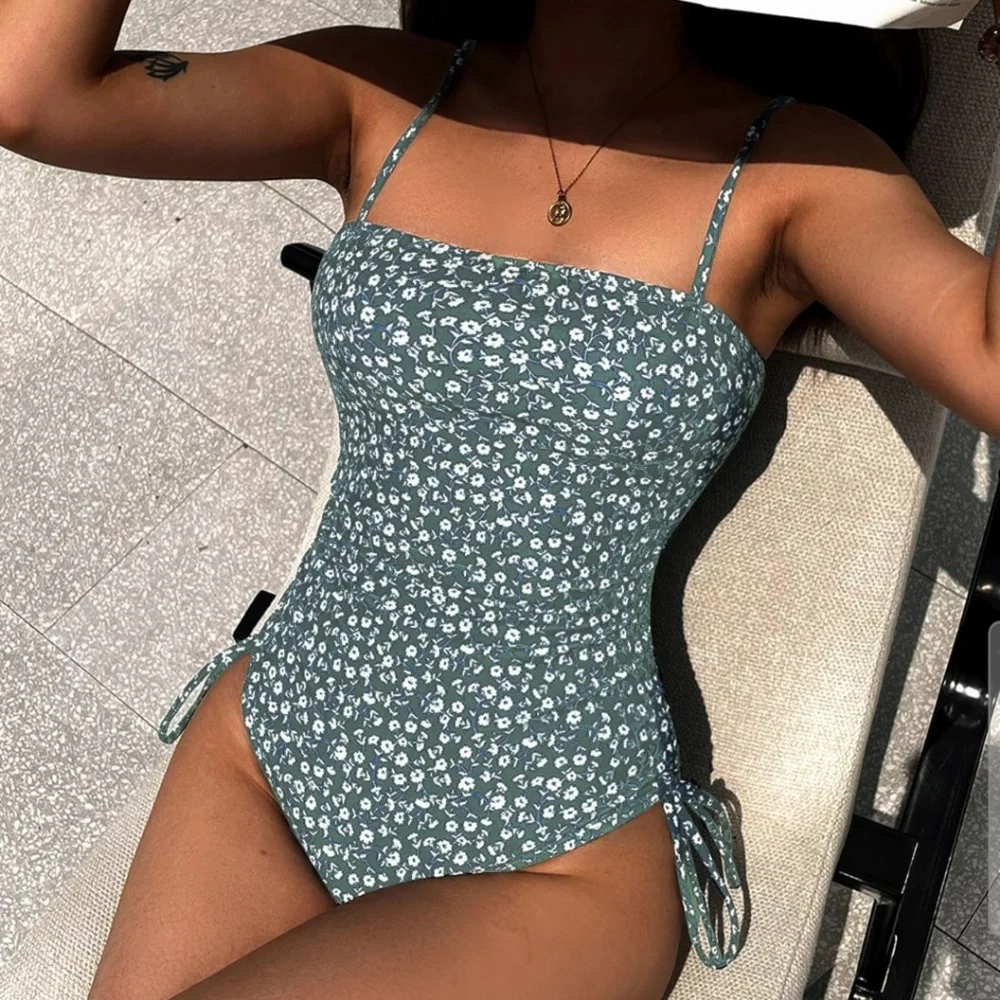 SWIMSUIT One Piece L green white floral ruched sides adjustable cottagecore VGUC